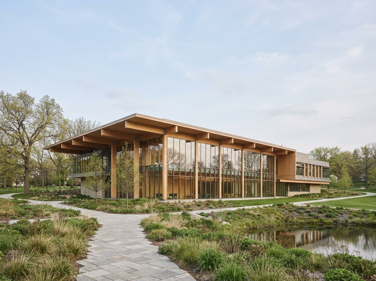 Contemporary campus design institute with exposed mass timber and deep roof overhangs