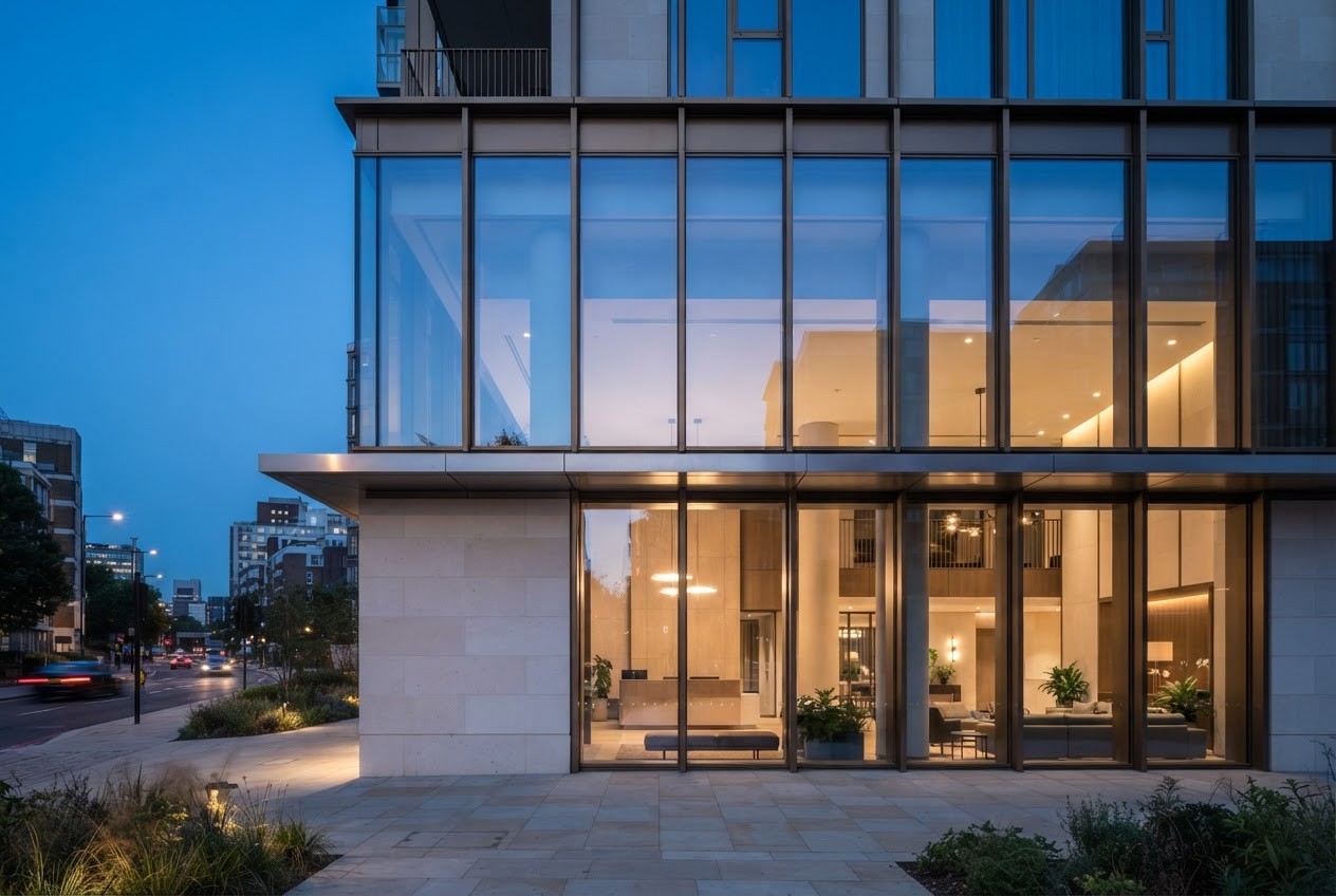 Ashland House facade detail showing pale masonry, glass curtain wall, slender mullions, and the podium joint in warm dusk light