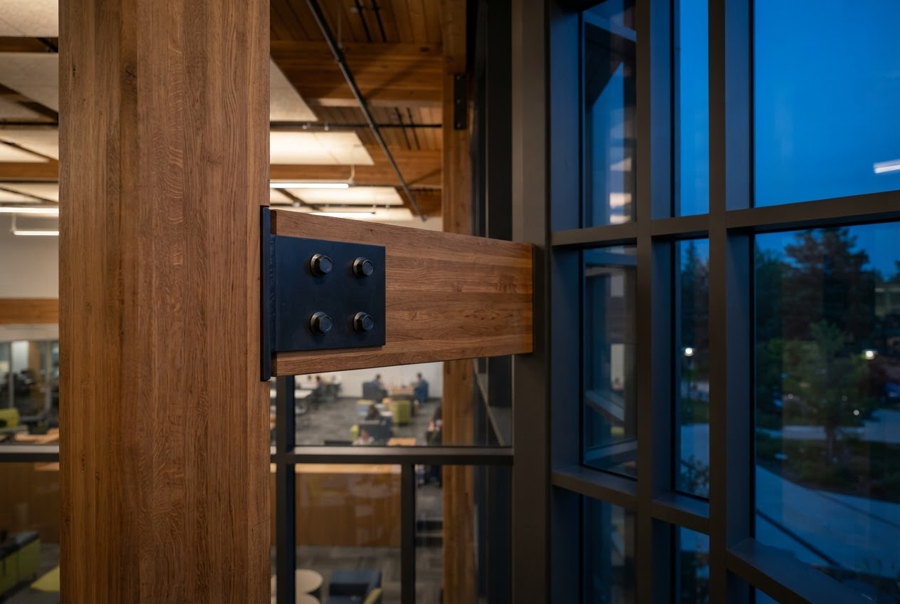 Close architectural view of a bolted steel knife-plate connection joining a glulam beam and column beside curtain-wall mullions at Lakeshore University Learning Commons