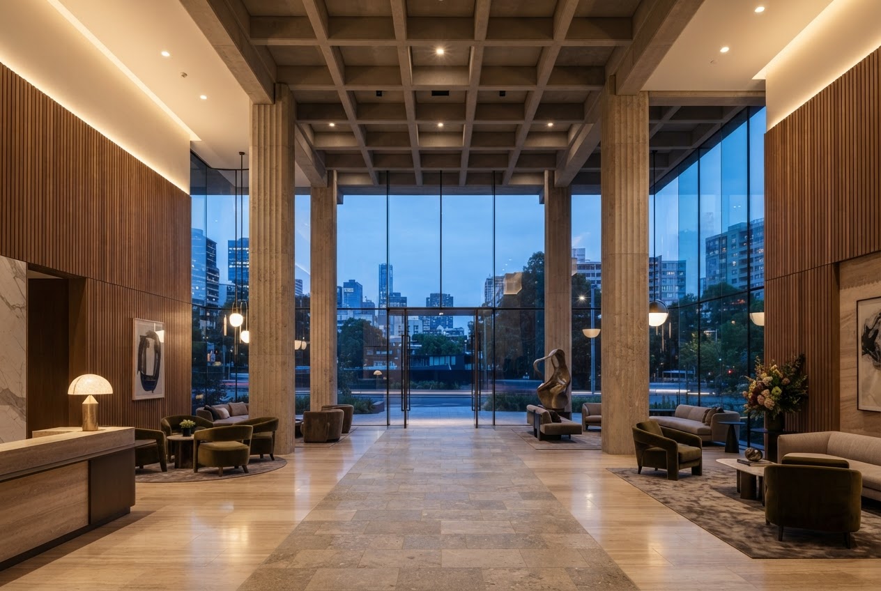 Warmly lit Ashland House tower lobby at dusk, with structural columns and the deep podium transfer level above a clear public passage