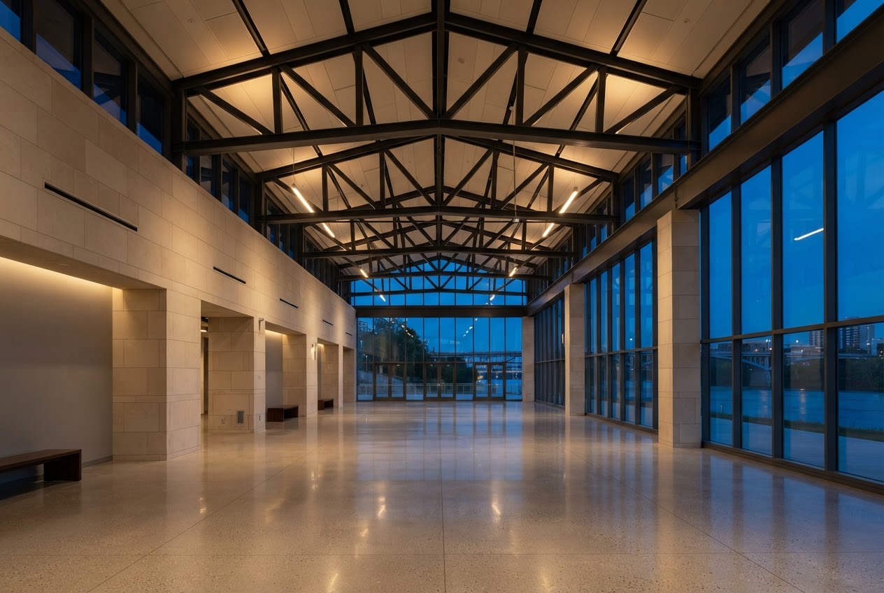 Riverline Civic Center public hall at blue hour, showing the unobstructed clear-span room and exposed steel roof trusses