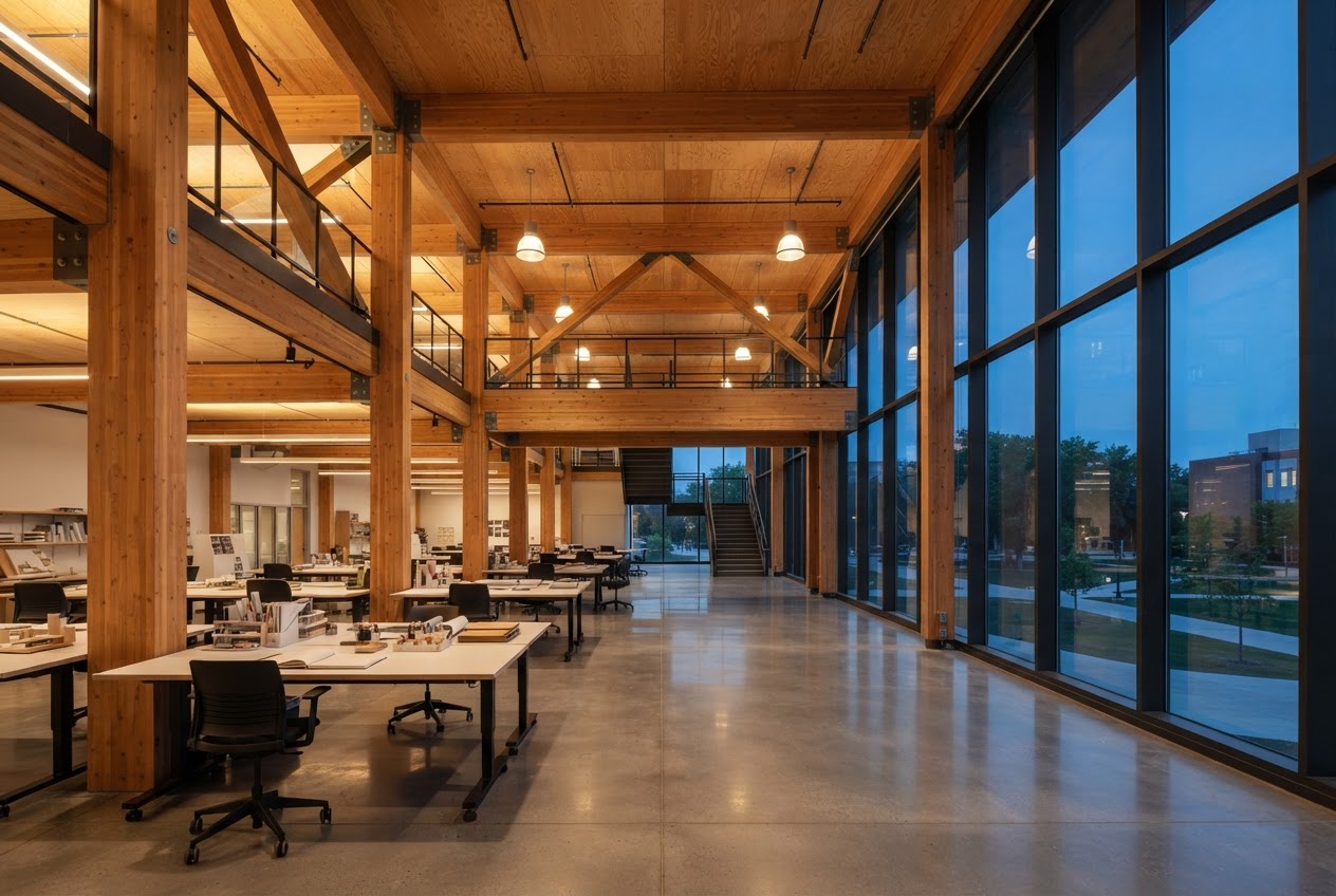 Prairie Design Institute studio at blue hour, with mass-timber posts and beams beneath the 5.8 m glulam cantilever