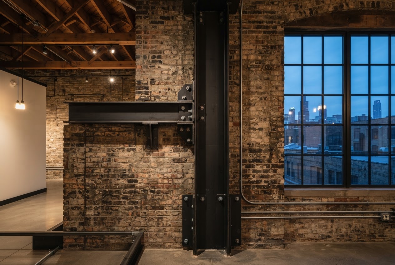 New steel beam and column connection set within the retained historic brick masonry shell at Foundry Works