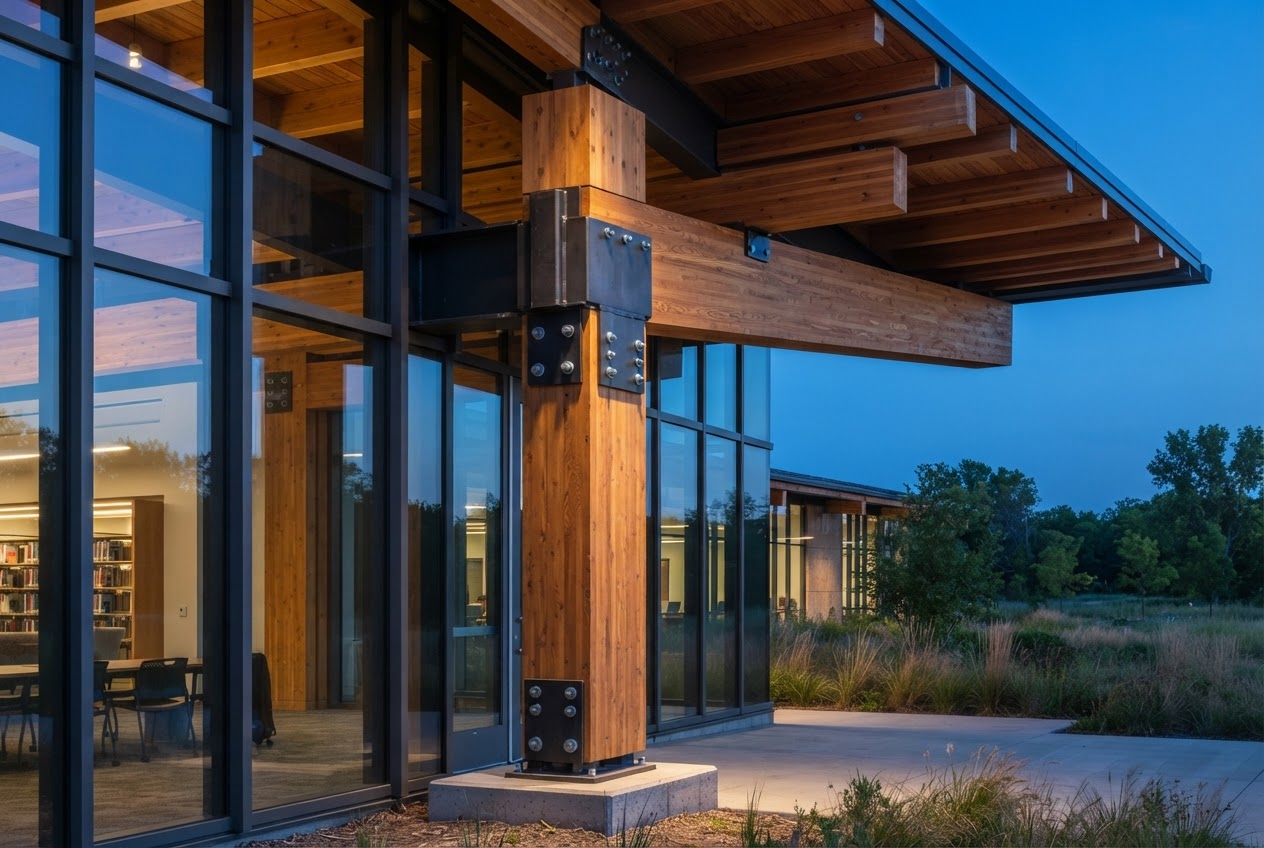 Glulam beam-to-column steel connector and adjacent curtain-wall mullions beneath the cantilever at Prairie Design Institute