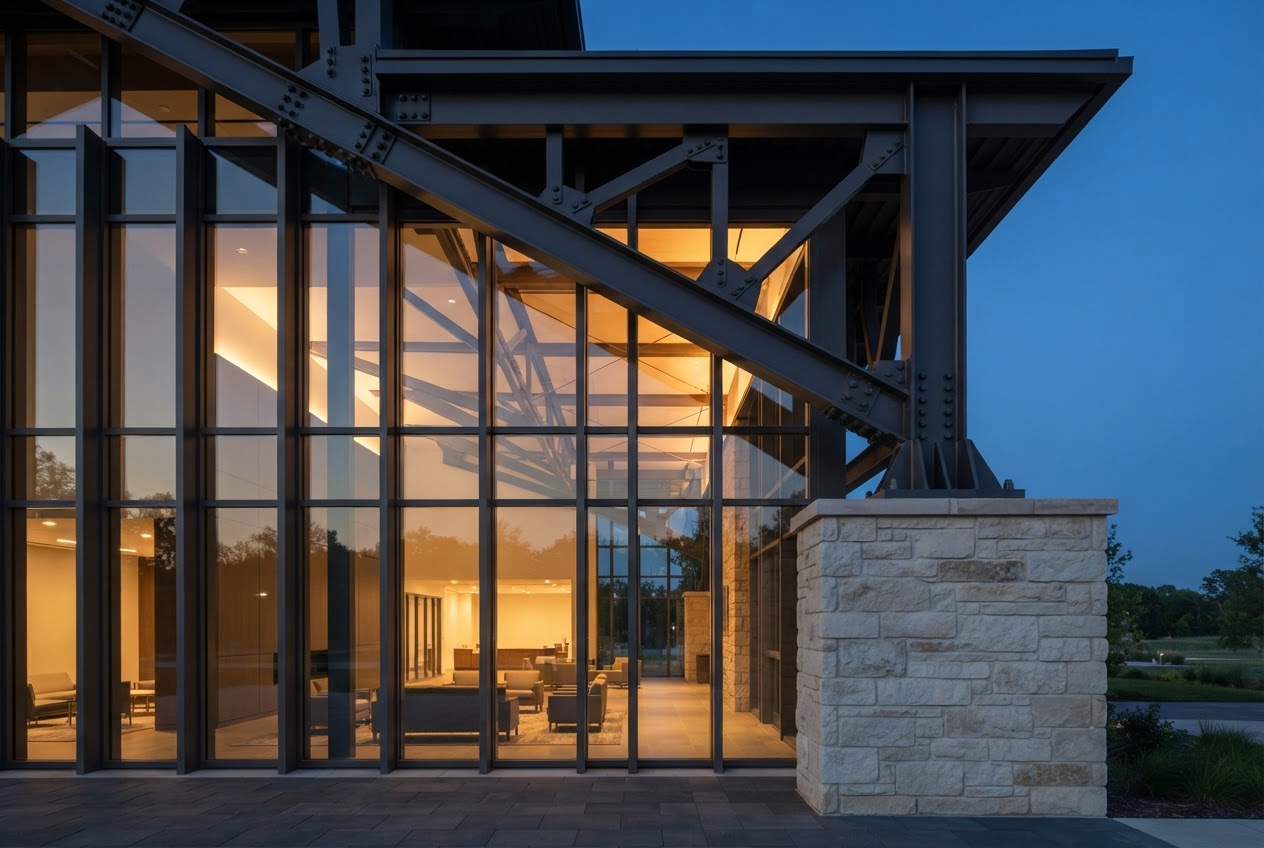 Exposed steel roof truss bearing at a limestone pier beside glazed facade mullions at Riverline Civic Center, with warm interior light