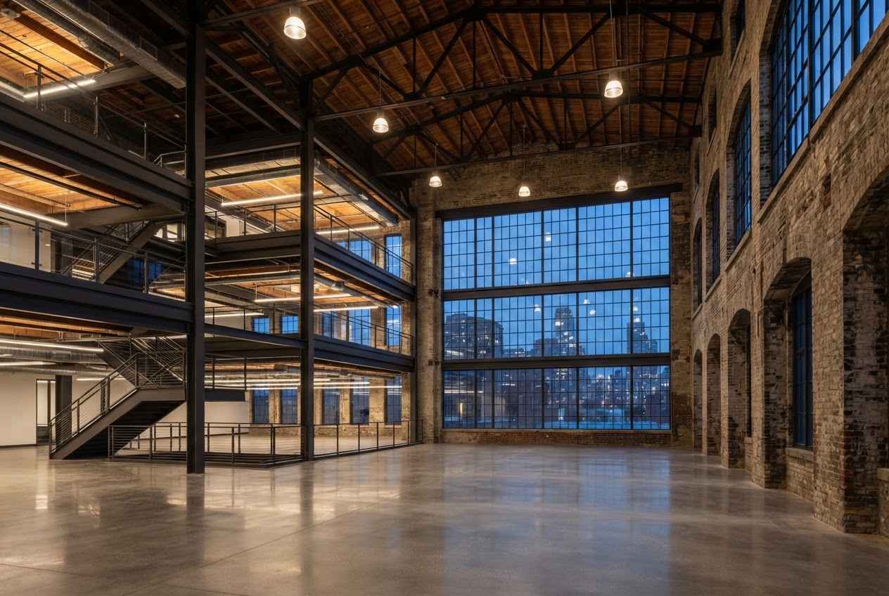 Foundry Works interior at blue hour, showing the retained brick warehouse shell with a new steel frame and inserted office floors