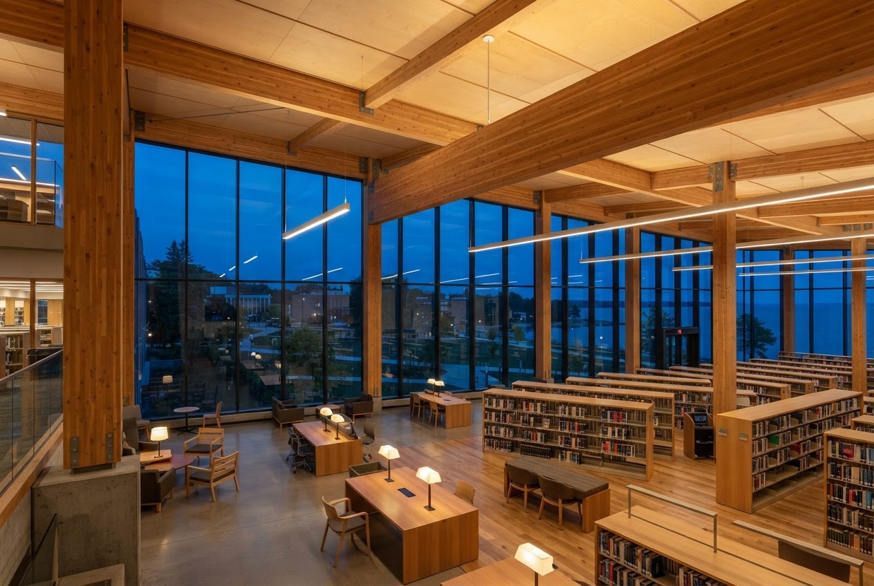Warm blue-hour reading room at Lakeshore University Learning Commons, with exposed glulam columns and the long transfer girder visible overhead