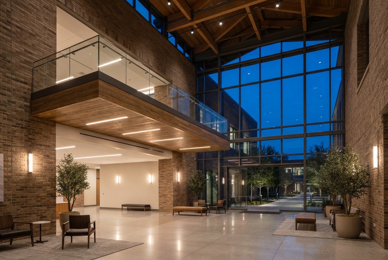 Warm-lit double-height atrium inside Harland Medical Pavilion, looking beneath the long cantilever toward the glazed facade at dusk
