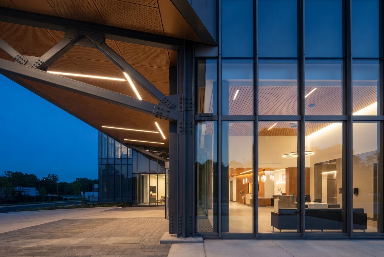 Steel support and curtain-wall mullion junction beneath the entrance cantilever at Harland Medical Pavilion, lit warmly against dusk-blue glazing
