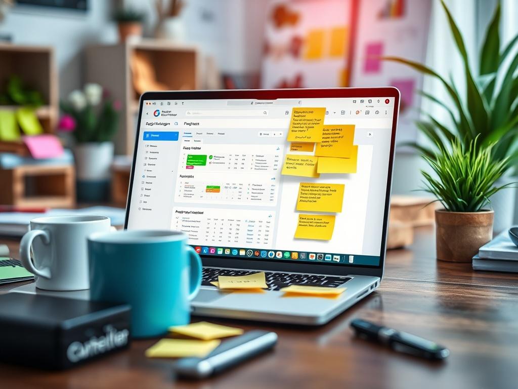 A close-up of a laptop with a detailed project management tool open, surrounded by sticky notes and a coffee cup. The environment should reflect a busy yet organized workspace, with a hint of greenery in the background, focusing on productivity. The primary color rgb(4, 104, 120) should be present in the decor.