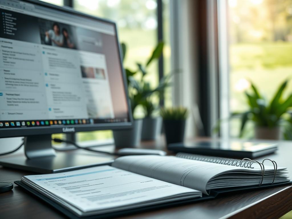 A close-up of a professional workspace showing a computer screen with organized emails and a planner open beside it. The background should be soft-focused, showcasing a modern office environment with greenery, creating a calm and organized atmosphere. The primary color rgb(4, 104, 120) should subtly complement the workspace.