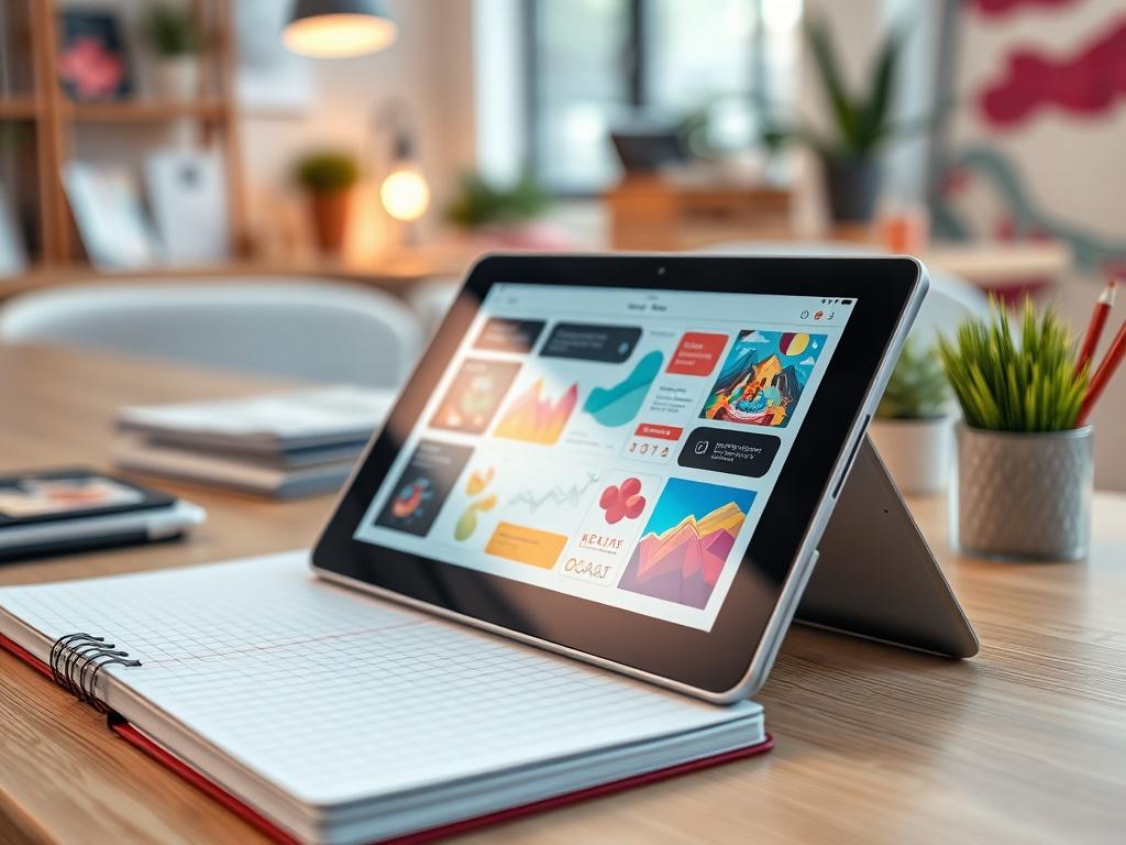 A close-up of a digital tablet displaying vibrant graphic designs alongside a notebook filled with notes. The setting should be bright and inviting, with a blurred background of a creative office space, emphasizing creativity and design. Incorporate the color rgb(4, 104, 120) in the elements around the workspace.