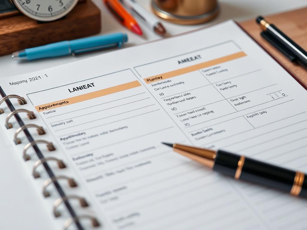 A close-up shot of a planner filled with organized appointments, surrounded by stationery items, reflecting a productive and well-planned day.