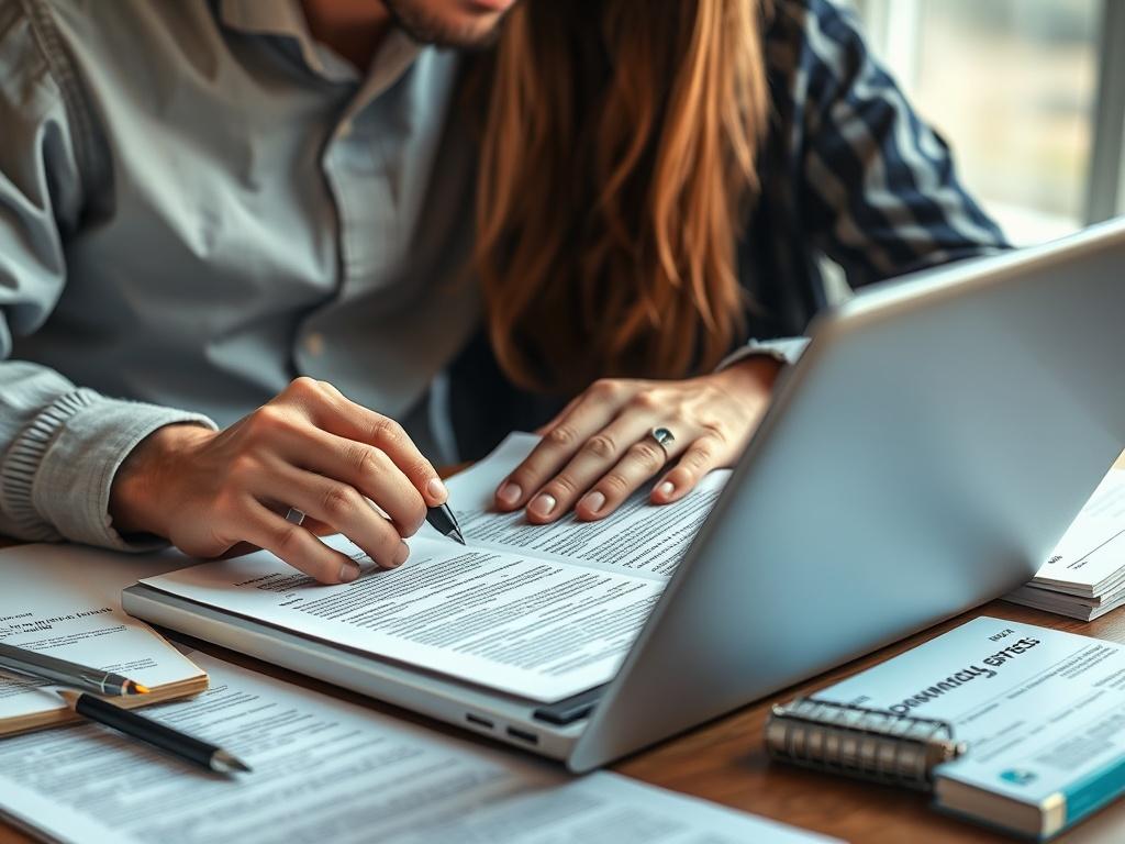 A close-up shot of a person reviewing Spanish documents with a laptop open, surrounded by helpful resources, conveying clarity and understanding.