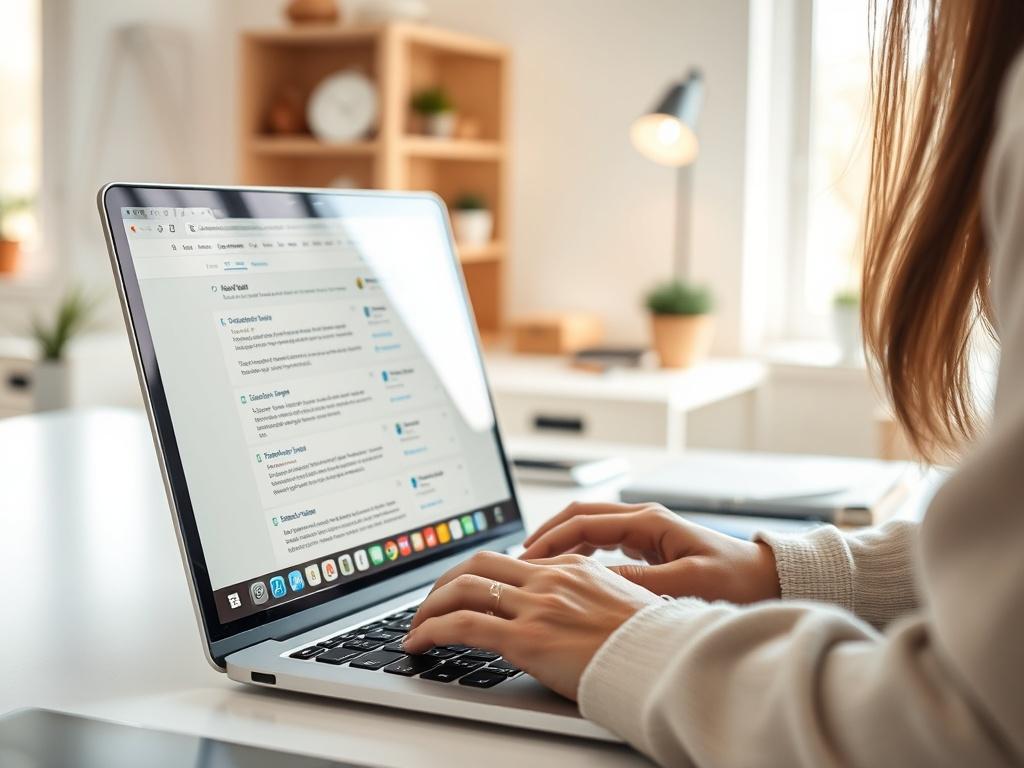 A close-up shot of a person organizing emails on a laptop, with a bright and tidy workspace in the background, showcasing a calm and productive atmosphere.