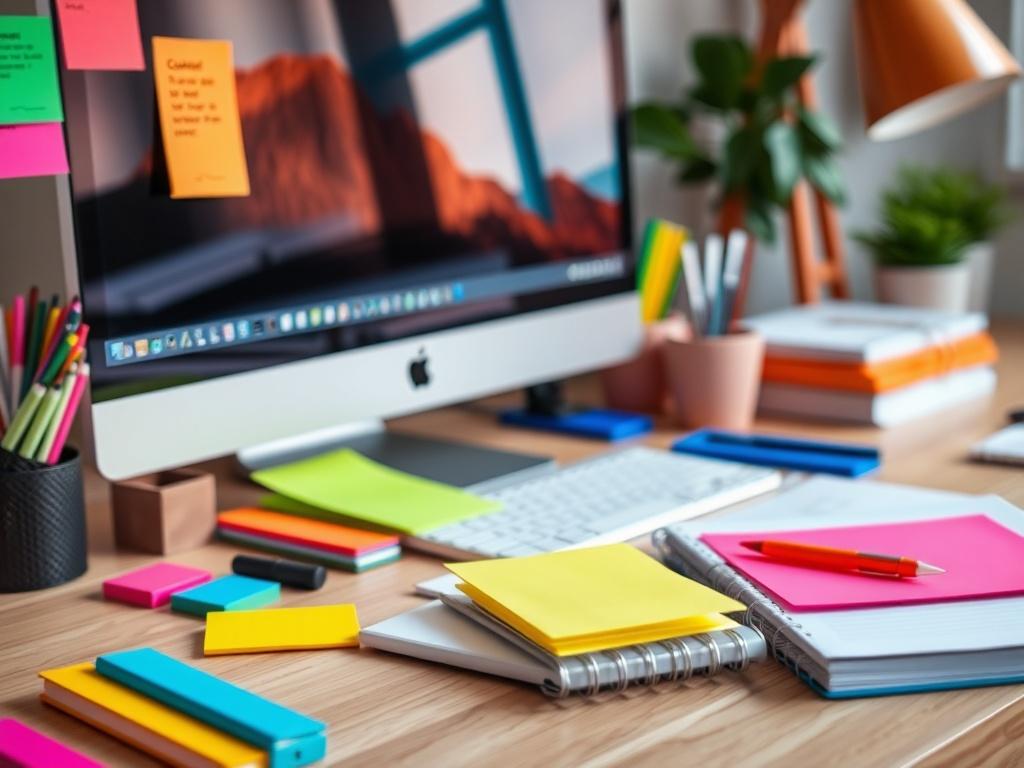 A close-up shot of a vibrant workspace showcasing a modern computer, colorful sticky notes, and a planner, all arranged neatly on a desk. The background is blurred to keep focus on the workspace elements, and the lighting is bright to create an energetic feel. The primary color rgb(4, 104, 120) should be incorporated into the workspace decor, adding a touch of brand identity. Shot with a 45mm f/1.2 lens for a sharp focus on details.