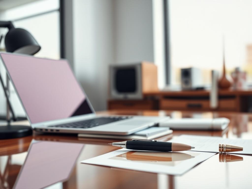 A close-up shot of a sophisticated office setting featuring a high-end laptop, professional documents, and a stylish pen, all elegantly arranged on a polished desk. The background should be softly blurred to emphasize the desk's details and create a sense of professionalism. Bright, natural lighting enhances the atmosphere, while the primary color rgb(4, 104, 120) subtly appears in elements like the desk accessories. Shot with a 45mm f/1.2 lens for a clear, detailed image.