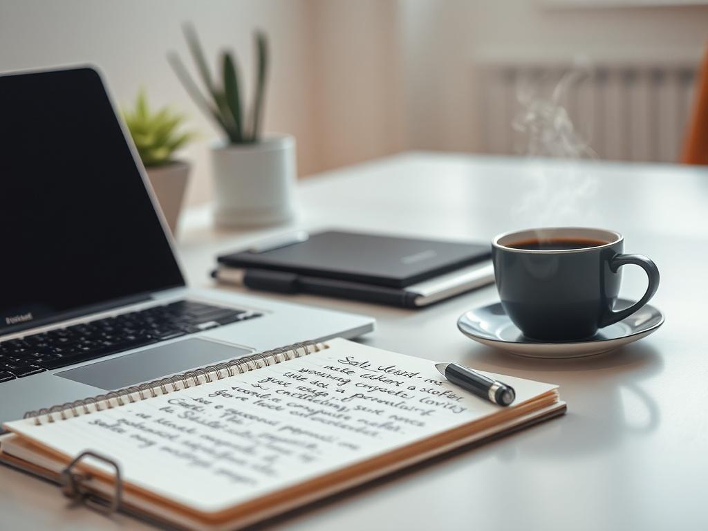 A close-up shot of a professional workspace featuring a sleek laptop, a notepad with handwritten notes, and a steaming cup of coffee, all set against a clean, minimalistic background that conveys focus and productivity. The lighting is bright and warm, emphasizing the inviting atmosphere of the workspace, shot with a 45mm f/1.2 lens. The primary color rgb(4, 104, 120) should subtly accentuate elements in the photo, creating a cohesive and harmonious look.