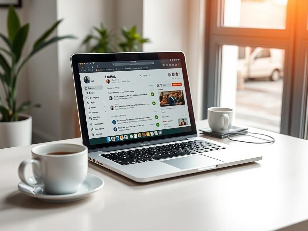 A close-up shot of a modern workspace featuring a clean desk with a laptop open to an organized email inbox. A cup of coffee sits beside it, and soft natural light filters through a nearby window, creating a warm, inviting atmosphere.