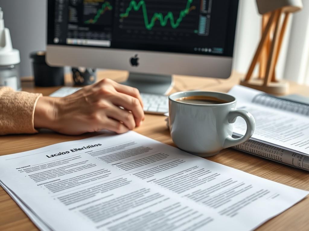 A close-up of a person reviewing documents on a desk with a cup of coffee beside them. The documents feature Spanish text, and a computer with a bilingual interface is in the background, portraying a blend of organization and clarity.