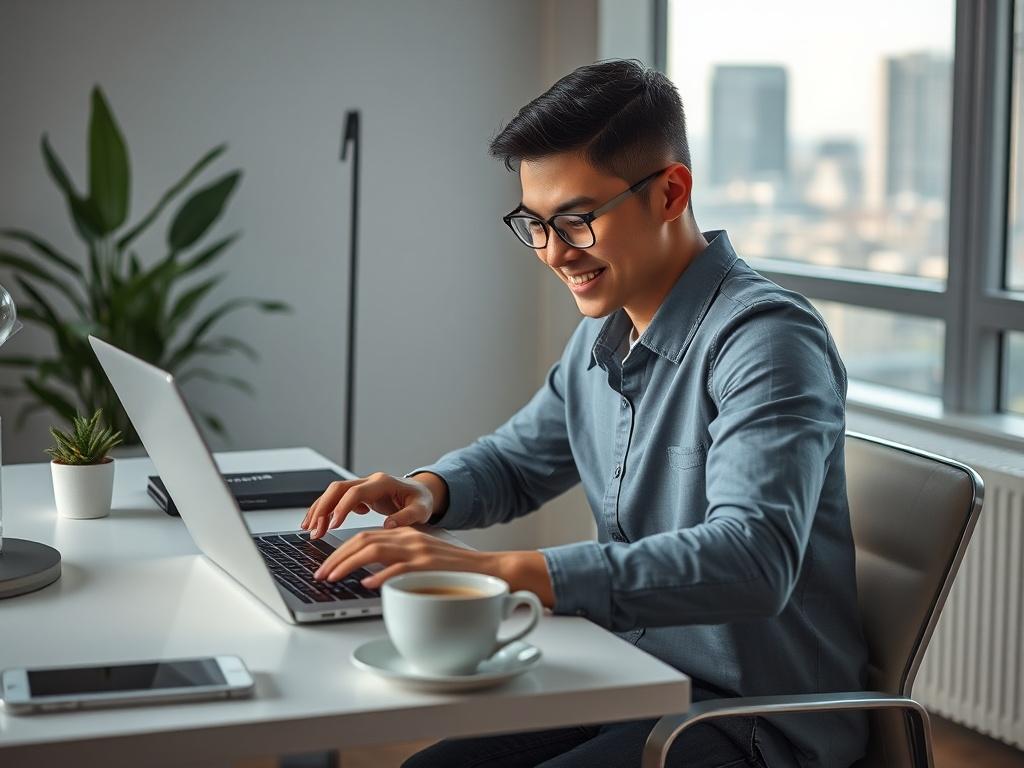 Create a highly realistic high-resolution image that encapsulates the theme of inbox management for expats. The focal point should be a single subject—an engaged professional seated at a modern desk, immersed in organizing their email inbox on a sleek laptop. The individual should be depicted as a bilingual expat, perhaps with a slight smile, conveying a sense of empowerment and focus. 

The background should be simple yet conducive to a productive environment: a well-lit, tidy home office space with minima