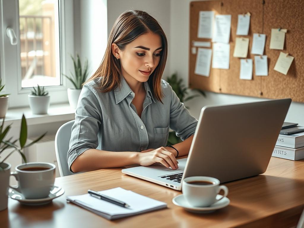 Create a realistic high-resolution photo featuring a focused English-speaking expat working diligently at a desk, representing the theme of "Mastering Inbox Management for Expats." 

The composition should be simple and clear, featuring the subject—an individual, a mid-30s woman with brown hair, dressed in smart-casual attire, sitting at a well-organized workspace. The desk should be adorned with a sleek laptop open to an email application, a notepad, and a cup of coffee, conveying productivity and professi