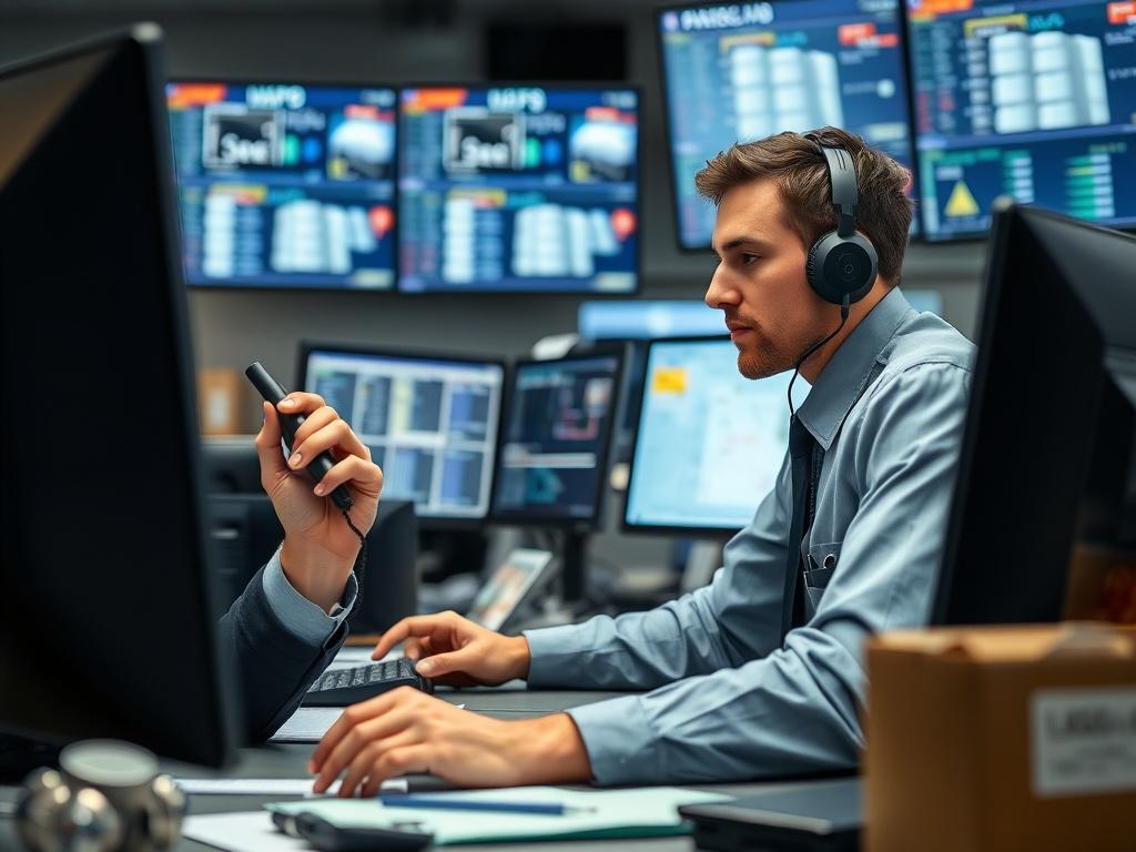 A close up shot of a dispatcher interacting with a