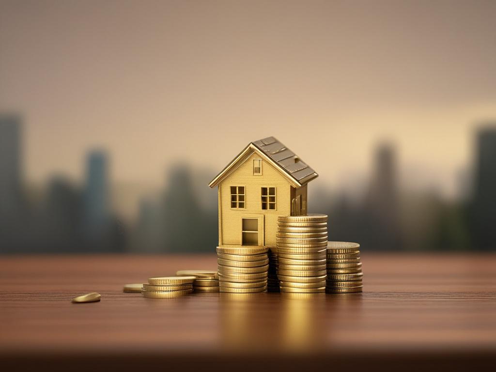 Create a hyper-realistic close-up shot of a stack of gold coins and a small model house placed on a wooden table. The background should be softly blurred to emphasize the coins and the house, while maintaining a warm and inviting atmosphere. The lighting should be natural, highlighting the textures of the coins and the details of the model house. The image should evoke a sense of financial growth and investment success, and should be compatible with the primary color #136A5C.