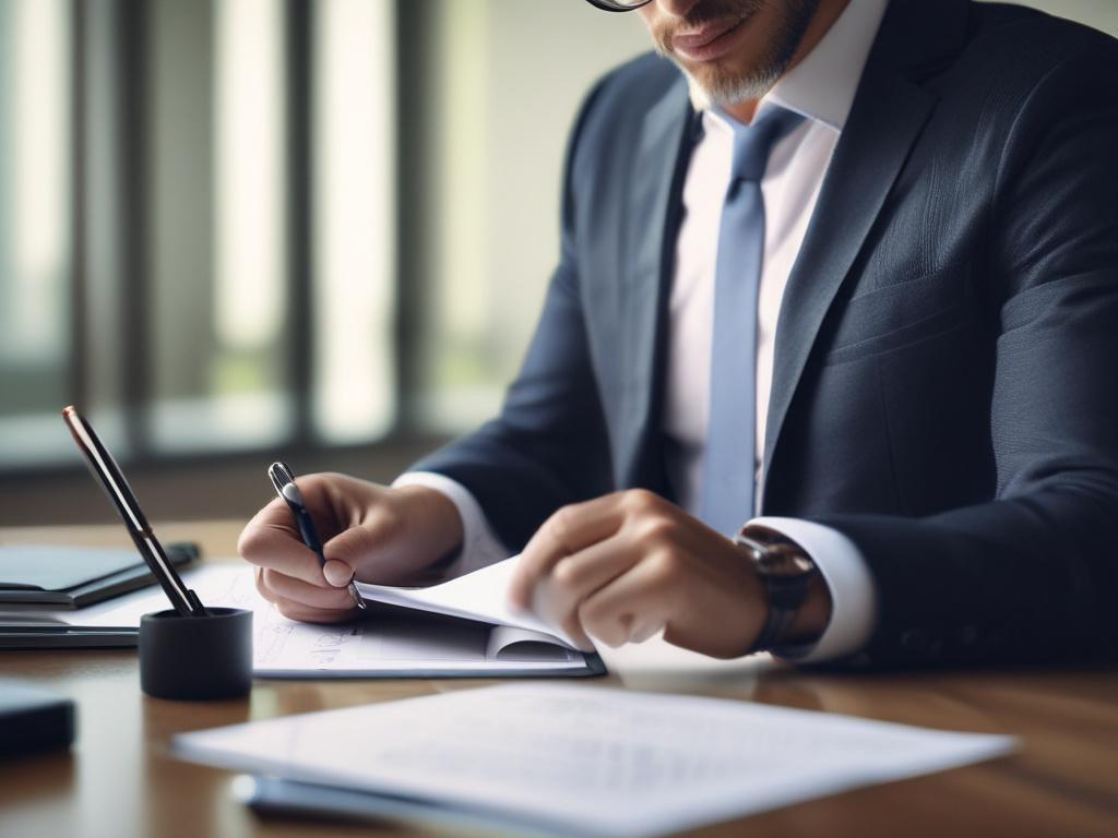 A close-up shot of a professional consultant sitting at a sleek desk, reviewing business structure documents with a digital tablet in hand. The office is modern and well-lit, with a focus on the consultant's confident expression and the documents on the desk. The background is softly blurred to emphasize the subject. The color scheme incorporates shades of #136A5C, creating a professional and inviting atmosphere.