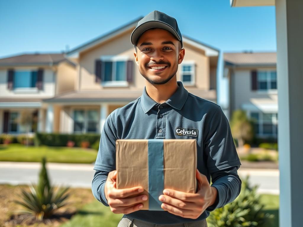 A close-up shot of a delivery person wearing a branded uniform, confidently holding a package at a doorstep. The background features a neatly landscaped residential area, with a clear blue sky overhead. The focus is on the delivery person, showcasing a friendly expression, while the package is prominently displayed in their hands. The overall composition is simple, clear, and inviting, capturing the essence of reliable delivery services.