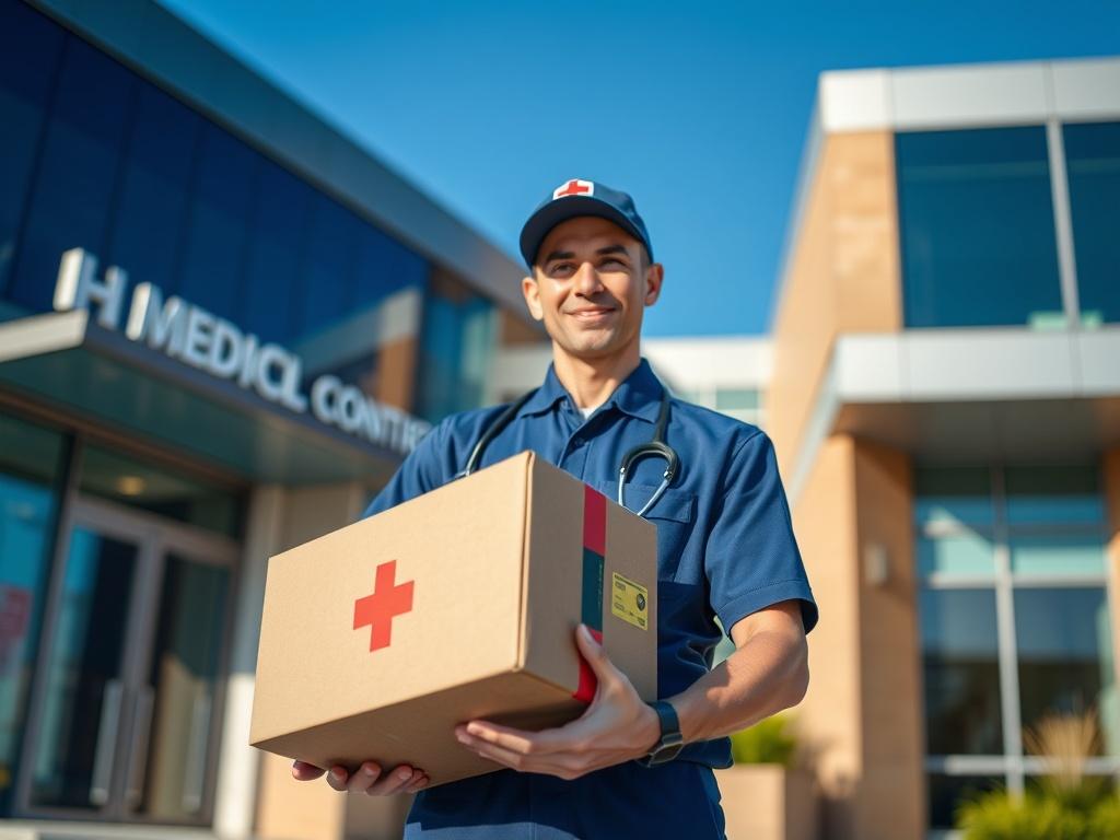 A medical courier in a professional uniform, holding a medical delivery box, standing outside a modern medical facility. The focus is on the courier's confident expression and the detailed medical box. The background features the entrance of the facility with clear blue skies. The image is shot with a 45mm f/1.2 lens to create a shallow depth of field, blurring the background while keeping the subject in sharp focus.
