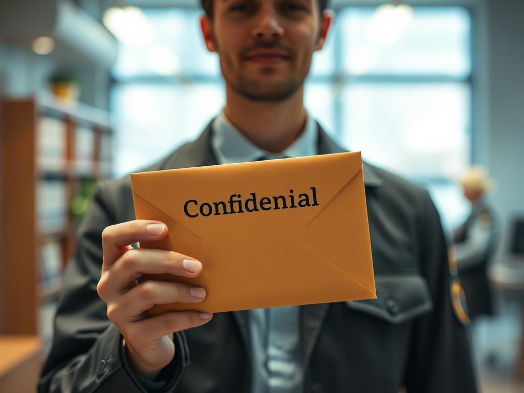 A close-up shot of a professional courier holding a sealed envelope marked as 'Confidential' in a well-organized office environment. The courier is wearing a smart uniform, showcasing a badge that signifies trust and professionalism. The background is softly blurred, focusing on the courier and the envelope, with a color palette that harmonizes with the primary color #136A5C.
