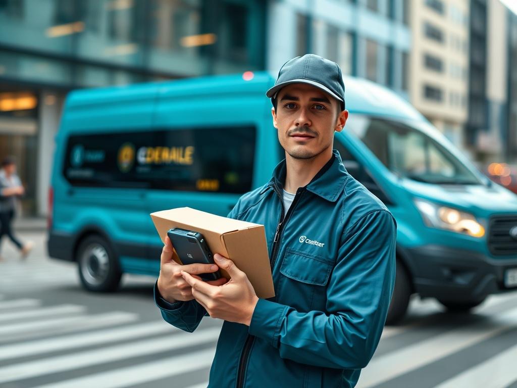 A courier delivering a package with a focused expression, standing in front of a modern delivery van. The courier is wearing a branded uniform, holding a package in one hand and a handheld delivery device in the other. The background features a busy urban street with blurred movement to convey speed and efficiency. The color scheme includes shades of blue and teal, matching the #136A5C primary color. The composition is simple and clear, highlighting the courier as the main subject.
