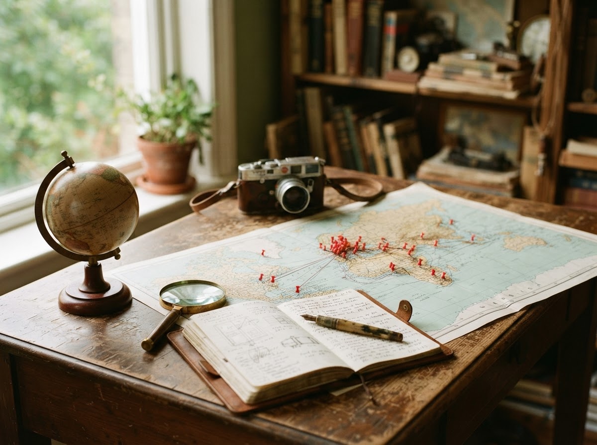 Research desk with a pinned world map, field notebook, and globe