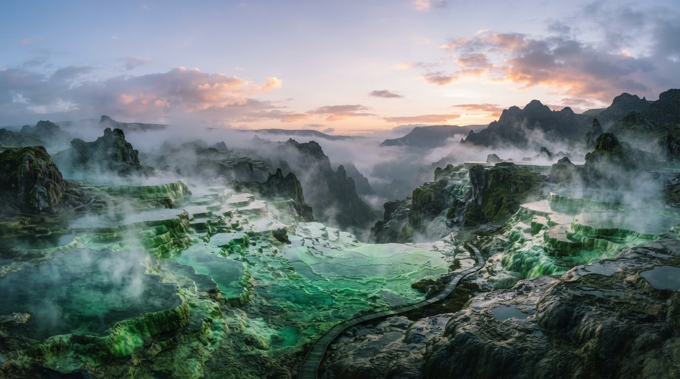 Otherworldly mineral terraces at dawn