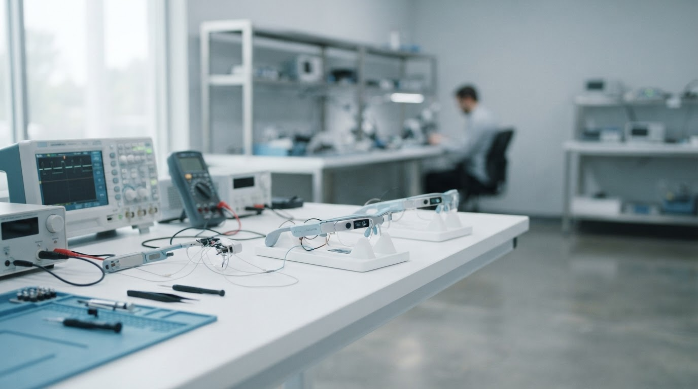 Everest Groove Labs engineering lab with smart glasses prototypes on a workbench