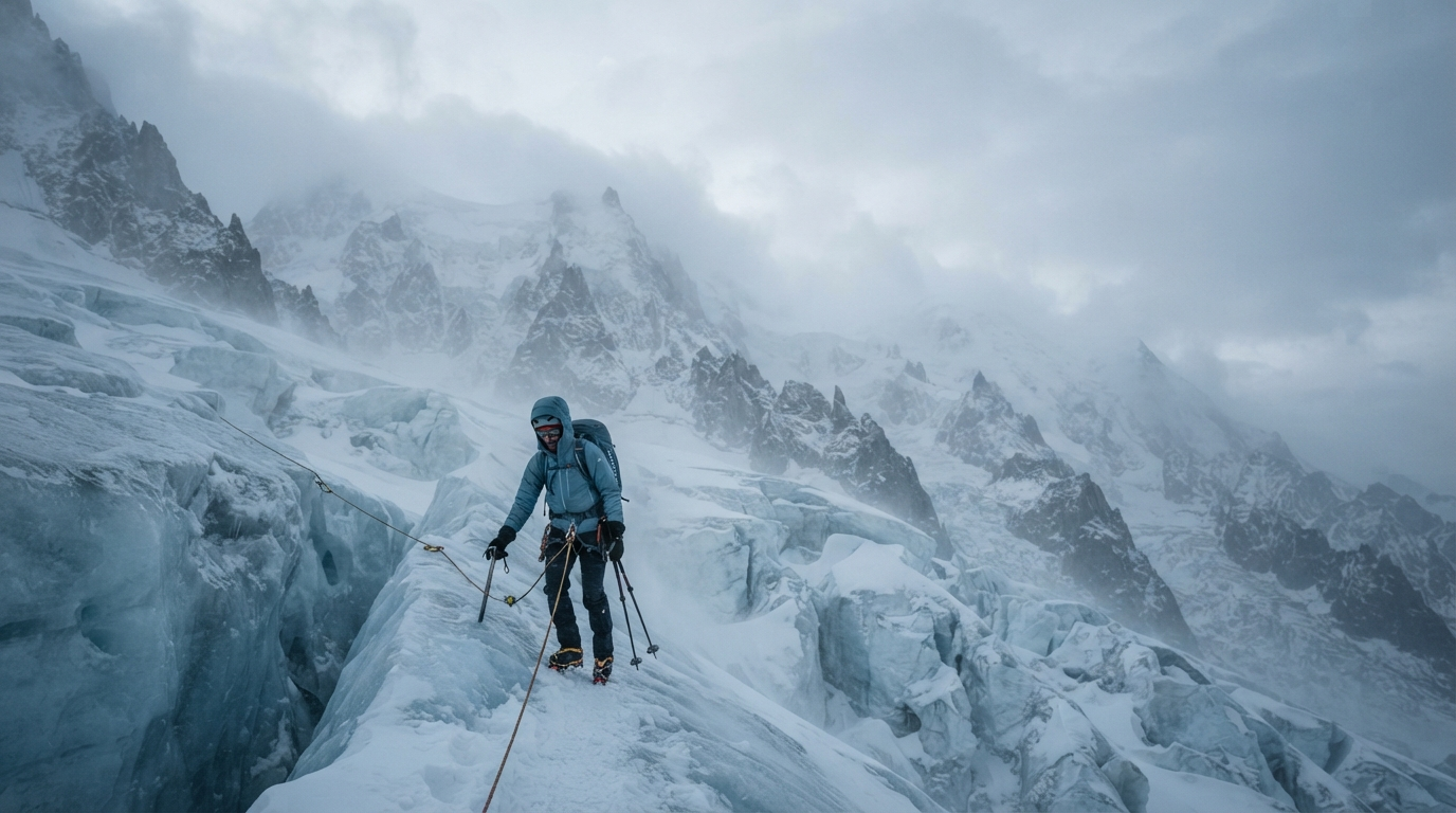 Climber wearing smart glasses on an alpine glacier route in cold wind