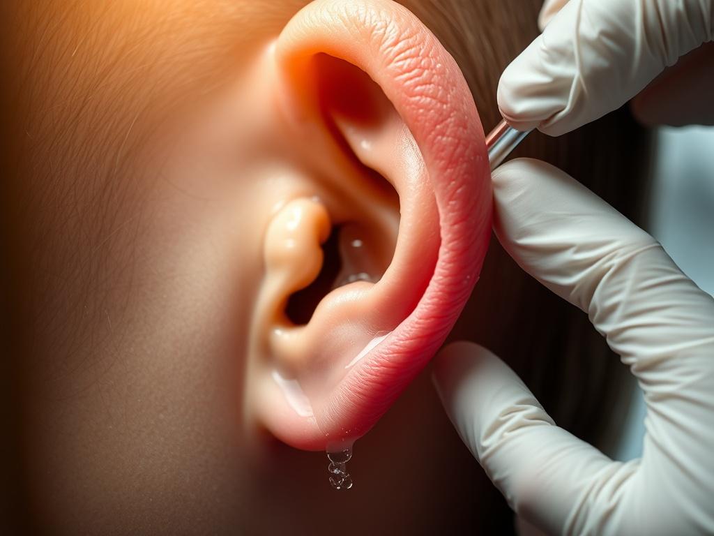 A close-up shot of an ear being treated with an irrigation method, showcasing water gently flowing in a professional setting. The background should be softly blurred to emphasize the procedure, with a calming atmosphere. The image should reflect a high level of care and professionalism, shot in hyper-realistic detail.