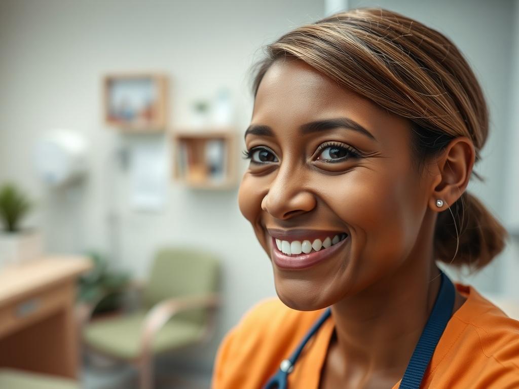 A close-up shot of a satisfied NHS worker smiling after receiving ear care. The background should feature a warm and friendly clinic environment, with a focus on comfort and professionalism. Capture the essence of gratitude and care in a hyper-realistic style.