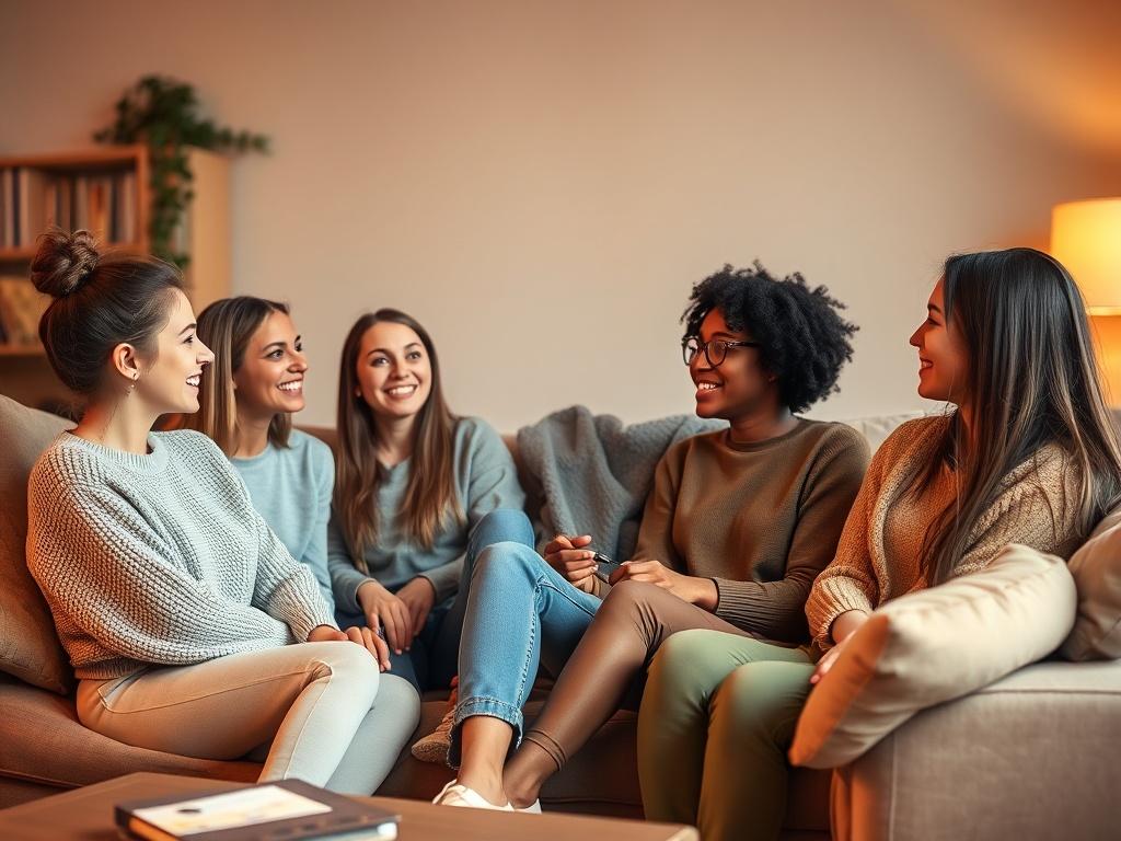 A warm and inviting living room scene featuring a group of white teenagers, aged around 18, who are aged-out of foster care. They are gathered together, sitting comfortably on a cozy sofa, engaging in conversation and laughter. The background showcases soft lighting, with cozy decor that includes cushions, warm colors, and a serene atmosphere. The overall ambiance conveys a sense of belonging, independence, and community, reflecting the supportive environment at Silverstone Global Ventures, LLC.