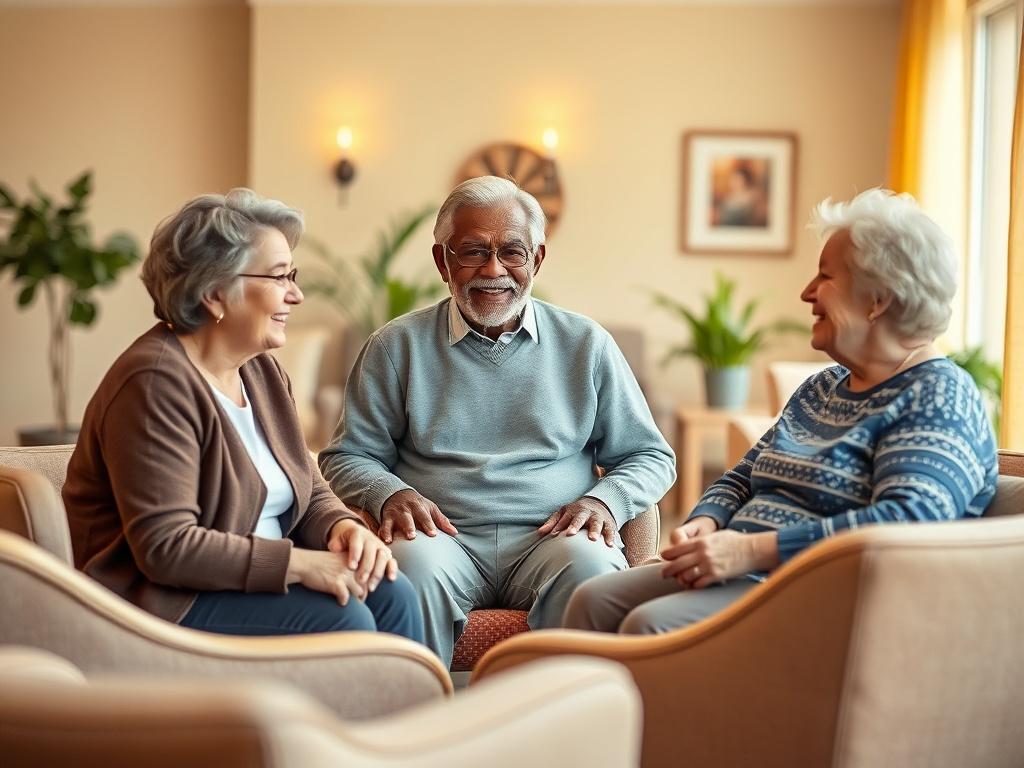 A serene and cozy independent living facility, showcasing a bright and welcoming common area. The room features warm golden hues and soft lighting, with comfortable seating arranged in a circle. In the center, a friendly older man of color is engaging in conversation with two women, one being an elderly lady and the other a younger woman, both smiling and enjoying the interaction. The background includes potted plants and soft, inviting decor that emphasizes a nurturing atmosphere.