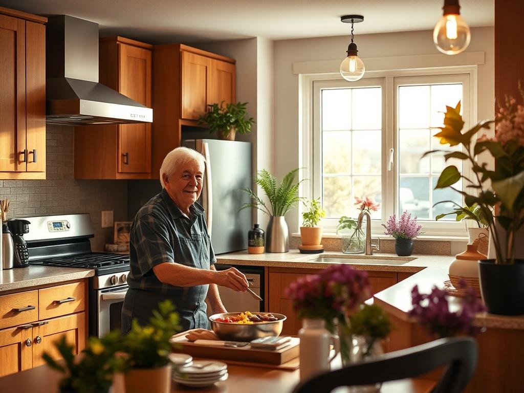 A serene independent living kitchen designed for retired veterans, showcasing a cozy and welcoming atmosphere. The kitchen features modern appliances, warm wooden cabinetry, and a large window allowing natural light to flood in. A retired veteran is seen comfortably preparing a meal, smiling and enjoying the process. Soft lighting enhances the peaceful ambiance, with plants and decor that reflect a sense of home and community. The color palette includes soothing shades of silver, black, and purple.