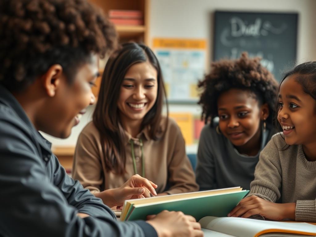 A close-up shot of a teacher engaging with a group of diverse students in a classroom setting, highlighting interaction and learning. The image should display the students' expressions of curiosity and interest, with educational materials like books and charts visible. The background should be slightly blurred to emphasize the teacher and students, creating a warm and inviting atmosphere.