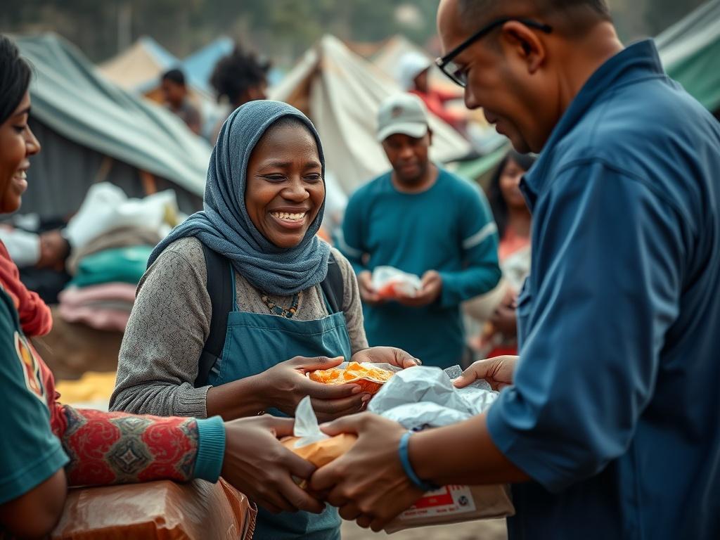 A close-up shot of volunteers distributing food and supplies to families affected by a disaster. The image should capture the expressions of gratitude and relief on the faces of recipients, with a backdrop of makeshift tents and aid supplies. The lighting should convey urgency, while also highlighting the compassion and determination of the volunteers.