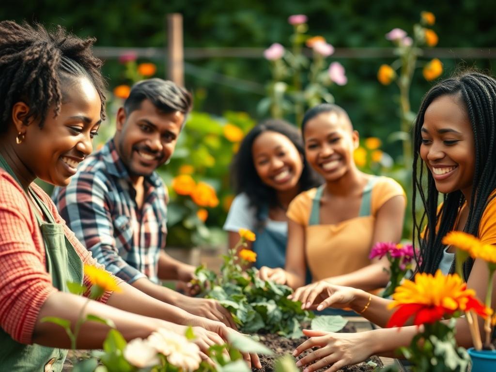 A close-up shot of a diverse group of people working together in a community garden, showcasing collaboration and support. The image should capture their smiles and dedication, with vibrant plants and flowers in the background. The lighting is warm and inviting, emphasizing a sense of hope and community. The composition is simple, focusing on the individuals and their interactions, with a bokeh effect to blur the background slightly.
