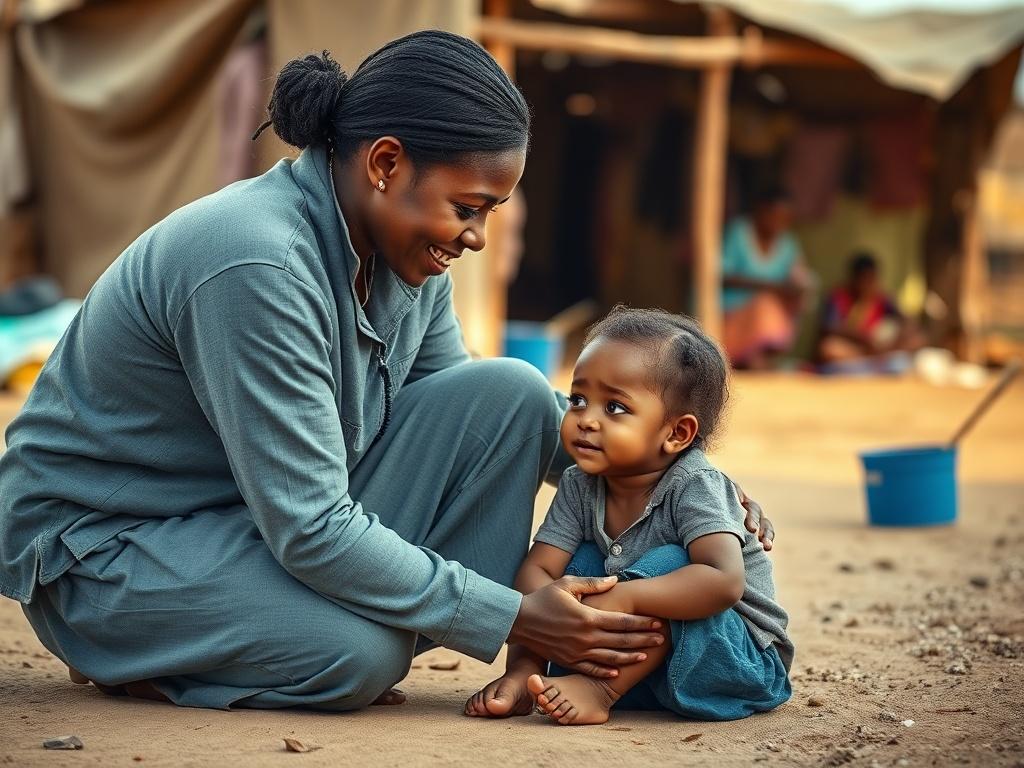 Create a realistic high-resolution photo that captures the essence of authenticity in humanitarian work. The composition should be simple and clear, focusing on a single subject: a compassionate humanitarian worker, a Black woman in her late thirties, kneeling down to comfort a child in a vulnerable setting. The child should be a young girl, around 6 years old, with a shy expression, sitting on the ground, looking up at the humanitarian worker with trust and hope.

The background should depict a modest comm