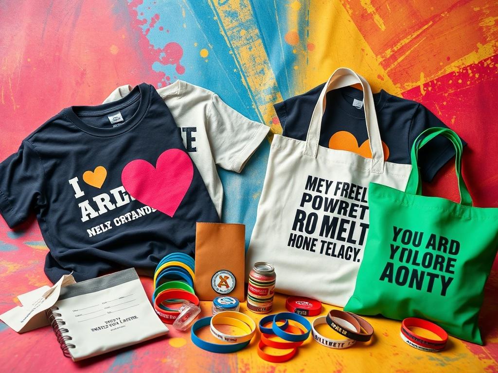 A high-resolution image of various Awareness Merchandise items, including t-shirts, tote bags, and wristbands. The items are displayed in an engaging layout on a vibrant background that reflects a spirit of activism and community engagement.