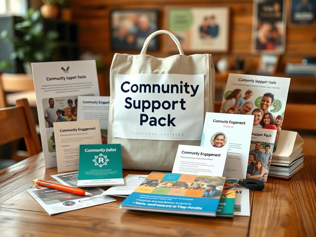A high-resolution image of a Community Support Pack displayed on a wooden table. The pack is surrounded by educational materials, outreach tools, and a community engagement brochure. A warm and inviting background suggests a community gathering space.