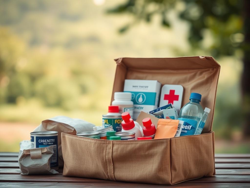 A high-resolution image showcasing a neatly packed humanitarian aid kit with essential supplies. The kit is open, revealing items like canned food, bottled water, hygiene products, and medical supplies. The background features a soft-focus outdoor setting, symbolizing hope and community support.