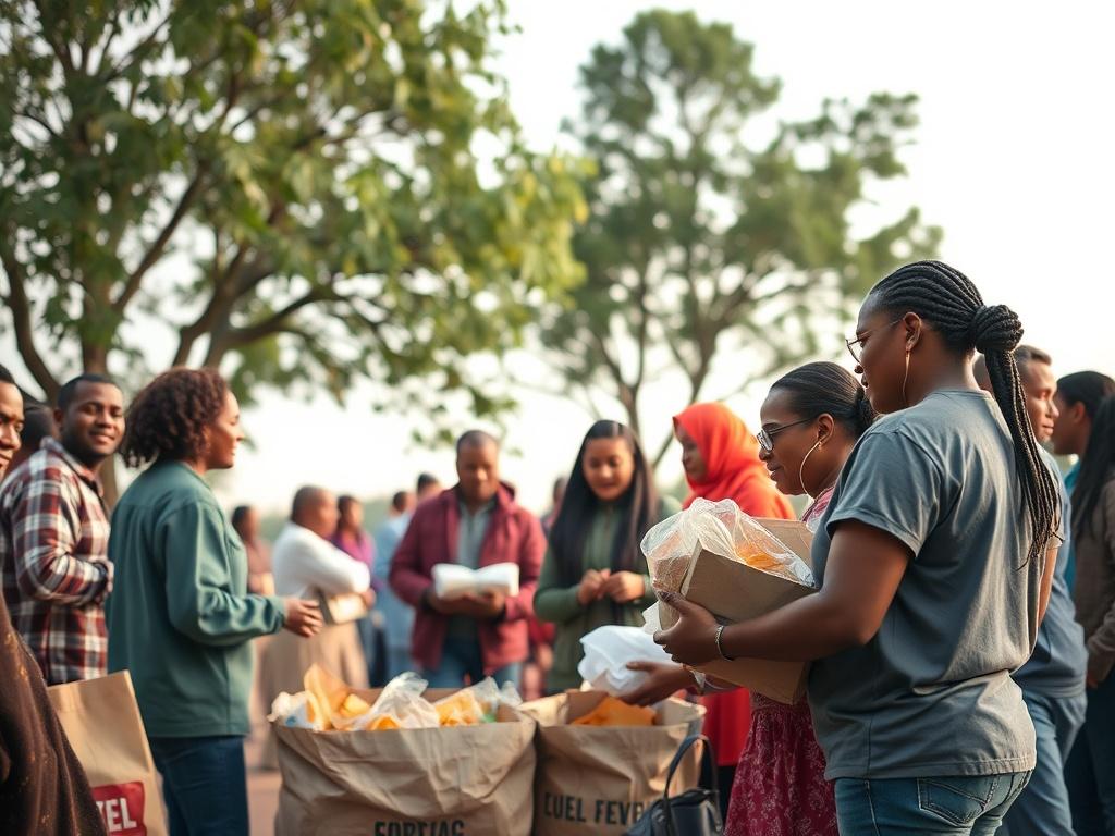 A serene community gathering scene, showing diverse individuals engaging in